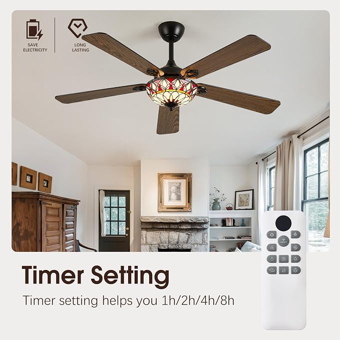 52" Tiffany Style Ceiling Fans with Lights, Vintage Chandelier Ceiling Fan with Stained Glass Shade, Dimmable LED, 6 Speeds Reversible for Bedroom (Red Petal)