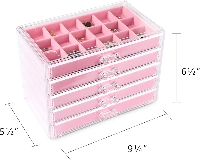 Frebeauty Acrylic Jewelry Organizer Earring Organizer Box with 5 Drawers Earring Holder Organizer with Velvet Trays Clear Jewelry Box for Women Earring Display for Rings StudsPink | 61 Jewelry Storage Grid for Rings Studs Bracelet,Velvet Lining,Transpa...
