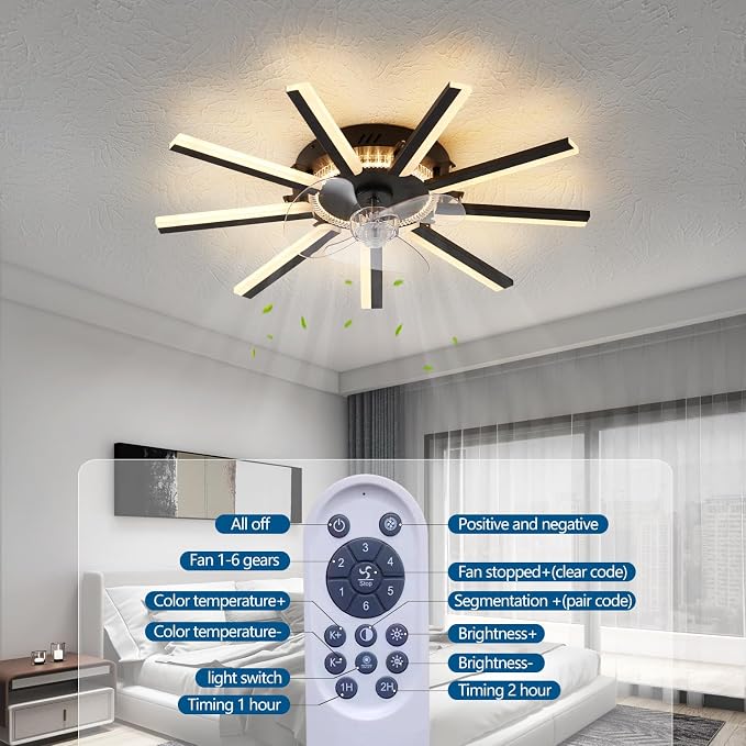 Modern LED Ceiling Fan with Light, 30" Low Profile Flush Mount Fandelier with Remote Dimmable 6 Speed Smart Ceiling Fan for Bedroom Living Room Dining Room