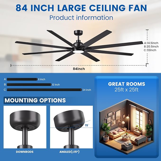 84 Inch Large Ceiling Fans with Lights and Remote, Indoor/Outdoor Industrial Ceiling Fan for Living Room/Patio/Garage/Gazebo, 6 Speeds Silent Reversible DC Motor, 3CCT, Timer, 3 Downrods, 8 Blades