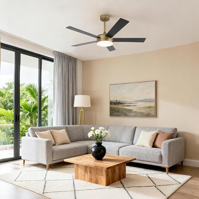 48 Inch Gold Ceiling fans with Lights and Remote/APP, Modern Black and Gold Ceiling Fan for Indoor Bedroom Living Room with 3CCT, Reversible DC Motor, 6 Speeds, Timer, 5 Wood Grain Blades