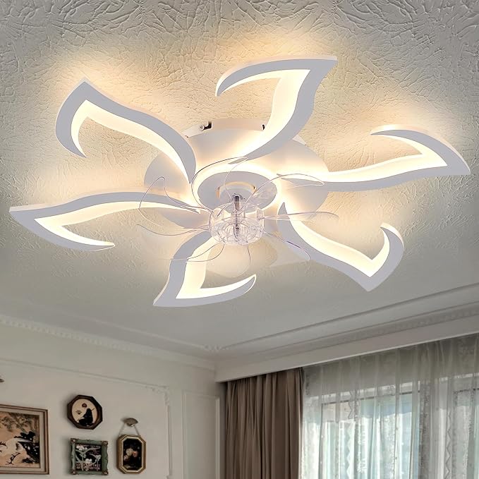 White Flower Modern CeilingFans with Lights, Low Profile Ceiling Fan with Remote for bedroom, 32inch Flush Mount Ceiling Fan with LED Dimmable Light,3-Colors, 6-Speeds, Timing Ceiling Fan Light