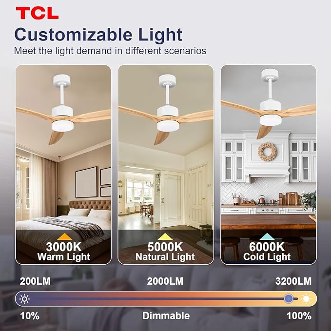 TCL Ceiling Fans with Light and Remote: 52 inch 3 Wooden Blades 3 Dimmable LED Fan for Room Indoor Modern Farmhouse Decor - 6 Speed Memory DC Reversible Fan Lights (Natural Wood, 52 Inch)