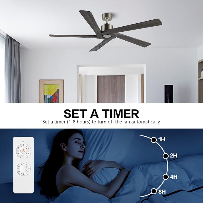 WINGBO 64 Inch DC Ceiling Fan without Lights, 5 Reversible Carved Solid Wood Blades, 6-Speed Noiseless DC Motor, Ceiling Fan No Light with Remote, Brushed Nickel Finish with Gray Blades, ETL Listed
