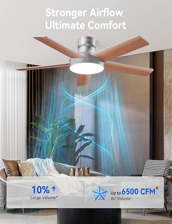AKOFUN Ceiling Fans with Lights and Remote, Low Profile Ceiling Fan with Light, 6 Speed, Dimmable, DC Motor, Quiet, Timer, Modern LED Ceiling Fan for Bedroom Living Room 44 inch, Silver