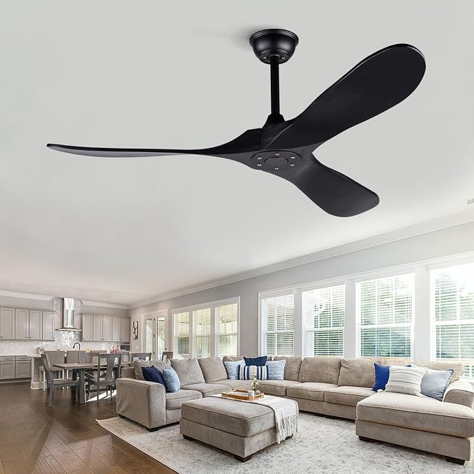 52 Inch Ceiling Fans without Lights, Black Ceiling Fans no Lights with Remote Control, 3 Solid Wood Blades， Indoor Outdoor Ceiling Fan for Living Room Patios Bedroom Kitchen
