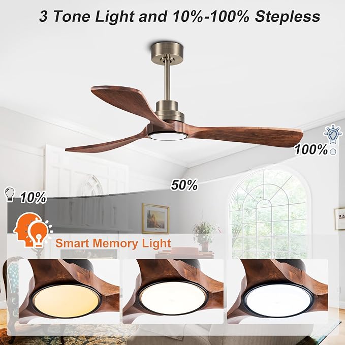 52inch silent ceiling fan with remote control, in antique bronze and walnut | 3CCT, mobile app, full memory function, for use in living rooms, dining rooms, bedrooms, offices, balconies, and outdoors.