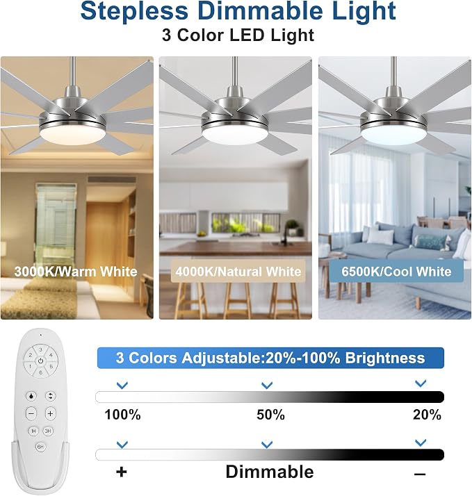 62 Inch Ceiling Fans with Lights and Remote Control, Brushed Nickel | Wooden Blades,Reversible Quiet DC Motor, 6-Speed, 3CCT Dimmable LED, Timer for Living Room, Bedroom, Office