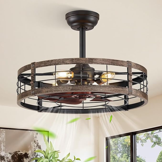LEDIARY 22 Inch Caged Ceiling Fan with Light, Fandelier Farmhouse Ceiling Fan with Remote, Small Bladeless Fan Lights Ceiling Fixtures for Kitchen, Bedroom, Outdoor-Black and Gold