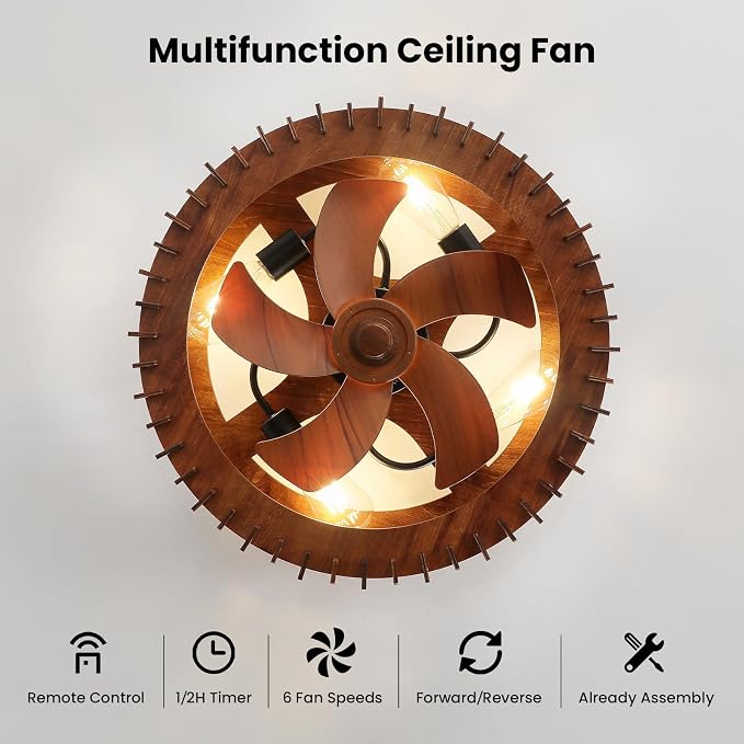 Wooden Fandelier Ceiling Fan with Light and Remote, 20" Flush Mount Caged Ceiling Fan with Light, 6 Speed Reversible Farmhouse Low Profile Ceiling Fan for Bedroom Living Room