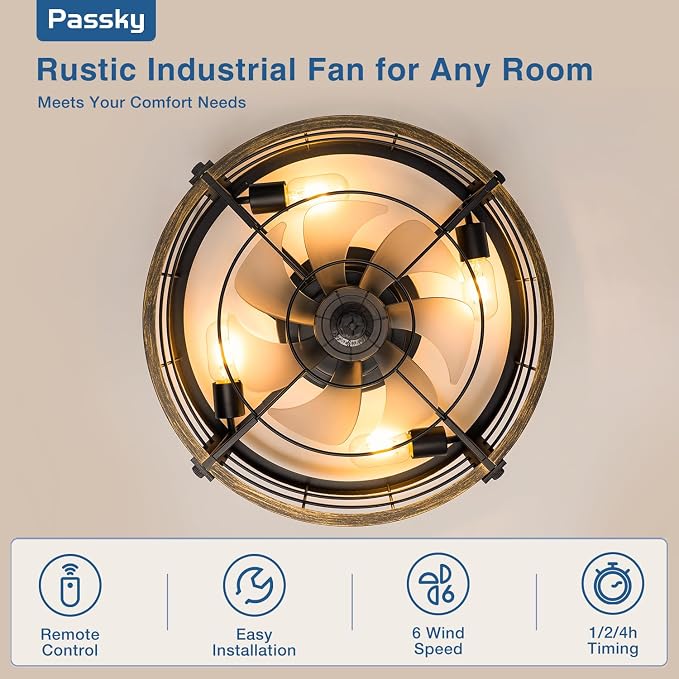 Passky 20 Inch Farmhouse Caged Ceiling Fans with Lights and Remote, Black Downrod Mount Bladeless Fandelier, 6 Speeds Bladeless Ceiling Fan Light for Bedroom, Kitchen, Living Room, Indoor