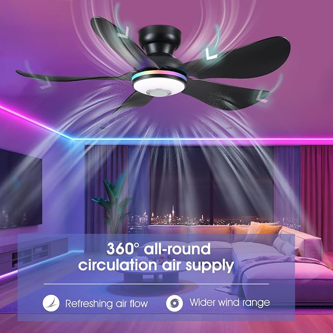 Kviflon 46" Ceiling Fans with RGB Lights Remote/APP Control, Low Profile, 3 CCT Dimmable White Lights+RGB Ring Lights+Music Player, 5 Reversible Plastic Blades 6 Speeds for Kidsroom, Black