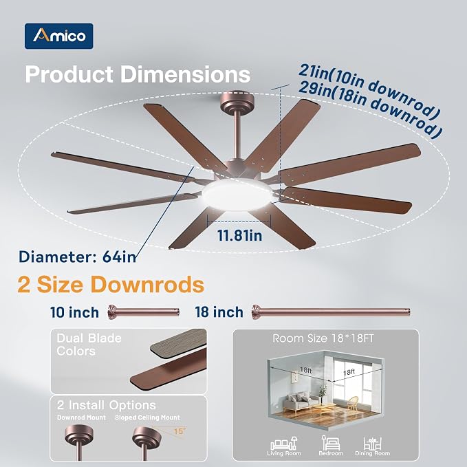 Amico 64 Inch Ceiling Fans with Lights and Remote,Indoor/Outdoor Ceiling Fan with 6 Speed Reversible Quiet DC Motor, 3CCT,Dimmable,Brown Modern Ceiling fan For Living Room, Bedroom, Patio