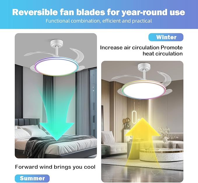 BAYSQUIRREL Slim Retractable Ceiling Fan, 42 Inch Low Profile Ceiling Fan with Remote Control, Dimmable Full Spectrum with Memory, 6-Speed Reversible Fan, White