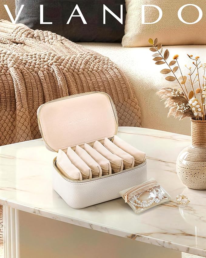 VLANDO Jewelry Travel Case,Travel Jewelry Organizer with Clear Velvet Jewelry Bags Zipper Pouch for Women Girl Gift- 8Pcs White