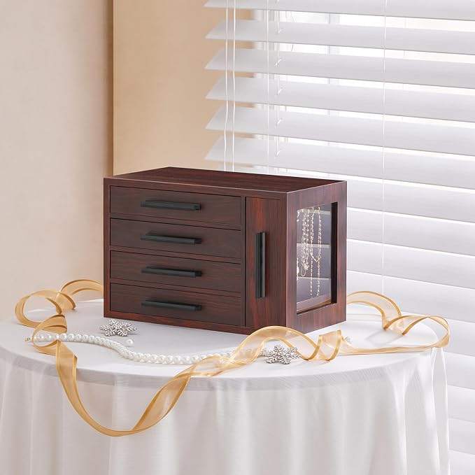 HOOBRO Jewelry Box for Women, Wooden Jewelry Organizer with Transparent Window, 4-Layer Jewelry Organizer Box, Jewelry Holder Organizer for Earrings, Necklaces, Rings, Dark Walnut and Black BRT09JB04