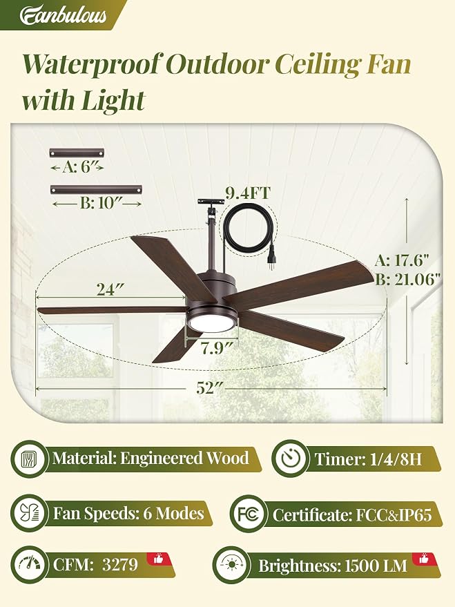 Fanbulous 52" Outdoor Ceiling Fan with Light and Remote, IP65 Waterproof, Plug-in Design with 10FT Cord, 6-Speeds, 3CCT, Hook Hanging Fan for Gazebo Patio Porch Garage Canopy(Oil-Bronze)