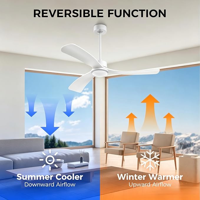 Obabala 52 Inch Ceiling Fan with Light and Remote,Solid Wood Blades, DC Motor Quiet 35dB, Dimmable LED Reversible for Bedroom Living Room Indoor Outdoor, 6 Speed Timer Downrod