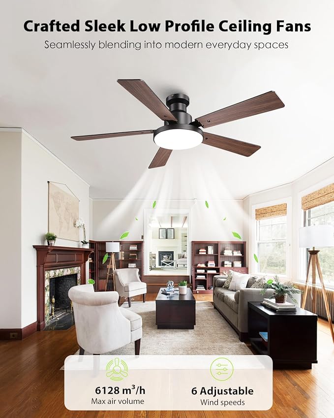 52 Inch Low Profile Black Ceiling Fan with Lights, 12.2'' Large 3CCT LED Light Panel, APP & Remote, 6-Speed Quiet Reversible DC Motor, Modern Flush Mount Ceiling Fan for Bedroom Living Room