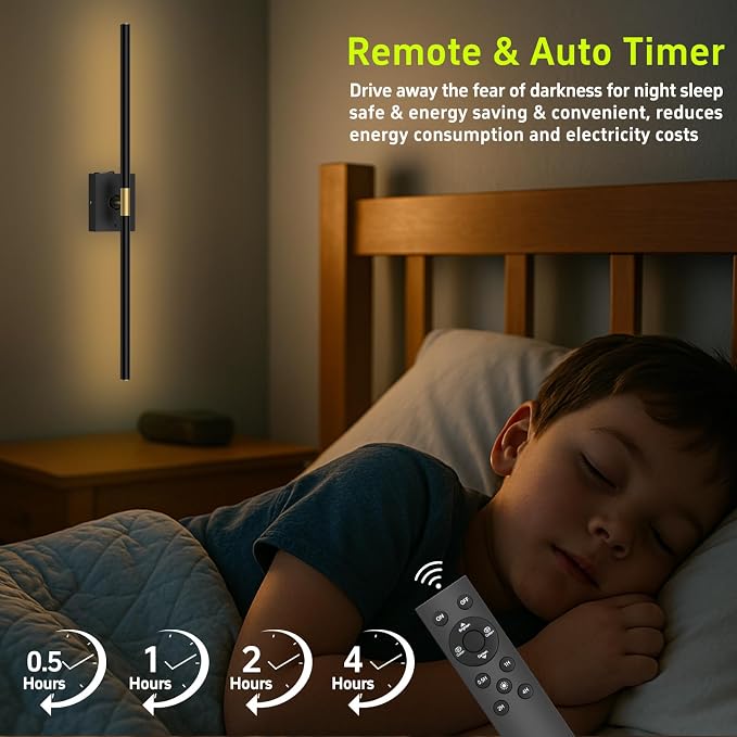 iThird Wall Sconce Battery Operated Wall Light: 10000mAh Wireless Wall Sconces with Remote Control, 360° Rotate Rechargeable Wall Scone for Bedroom Living Room Bathroom Hallway, 31.5 Inch, Black