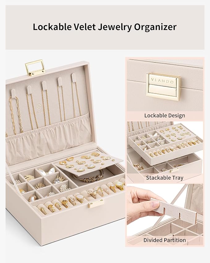 VLANDO 2 Layer Jewelry Box Large Jewelry Organizer for Women Removable Jewelery Tray for Necklace Earrings Rings Bracelets Mothers Gifts for Mom Wife (Light Pink)