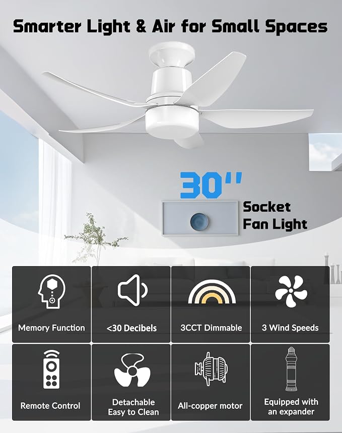 30" Socket Fan Light with Remote, Ceiling Fans with Light, Low Profile Flush Mount Ceiling Fan, 4 Speeds, 3000K-6000K Dimmable LED, Quiet Energy-Saving Motor, E26 Easy Install for Bedroom, Living Room