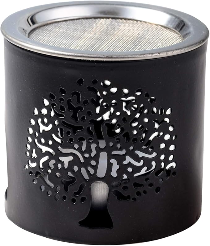 Handmade Black Iron Incense Burner/Incense Censer with Stainless Steel Sieve – 2.36-Inch Height Featuring Tree of Life Motif – Ideal for Aromatherapy and Tea Light Burning. Tealight Included