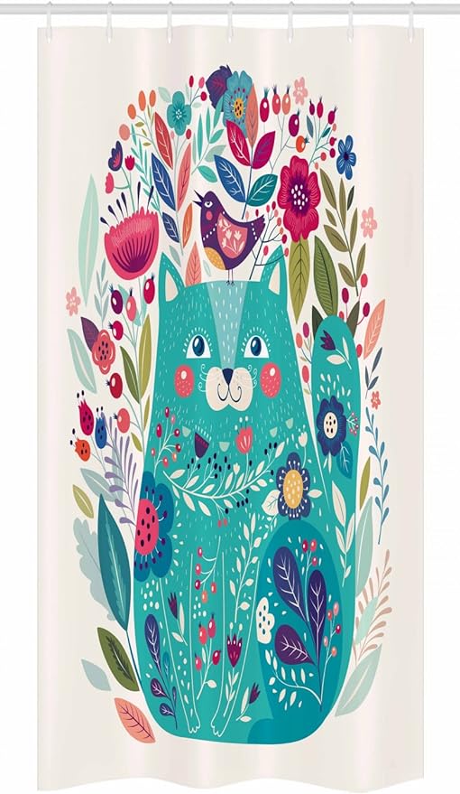 Ambesonne Cat Stall Shower Curtain, Kitty Surrounded by Birds Flowers Ladybugs Inspirational Folk Theme, Fabric Bathroom Decor Set with Hooks, 36" W x 72" L, Multicolor Seafoam