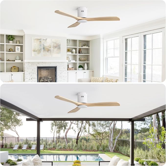 Sofucor Ceiling Fan No Light 52 Inch Flush Mount Ceiling Fan, Quiet Reversible DC Motor, Solid Wood Indoor Outdoor Ceiling Fan with Remote Control, 6-Speed for Bedroom Patio Farmhouse