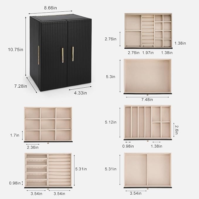 Dajasan Large Jewelry Organizer Box, 6-Tier Jewelry Storage Case with 5 Drawers, Jewelry Boxes for Women Girls with Mirror, Double Door, Textured PU Leather, Gift Idea, Stylish (Black + Gold)