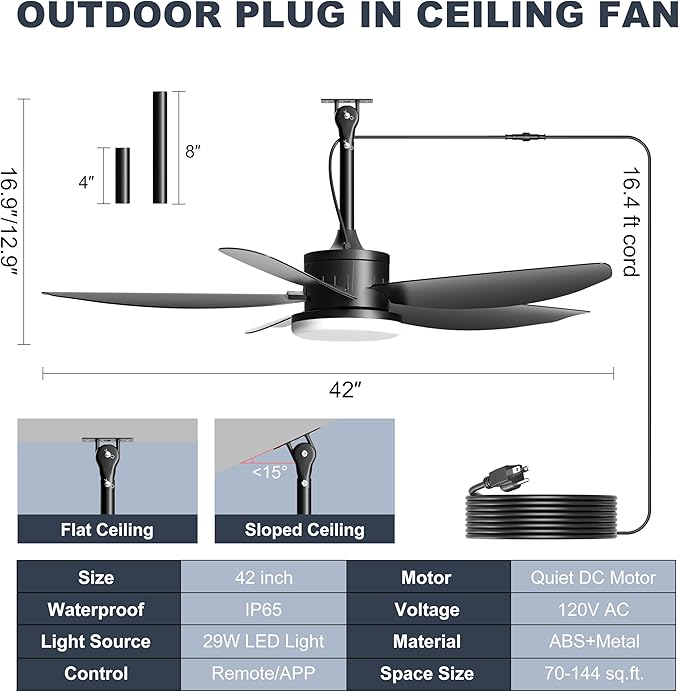 Outdoor Ceiling Fan with Lights, 42 Inch Plug in Gazebo Fans with Remote APP Control, Quiet DC Motor, Dimmable 3CCT, Waterproof Hanging Fans for Patios, Porch, Black