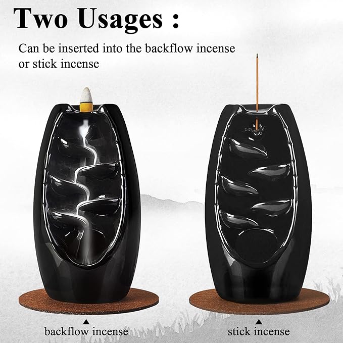 SPACEKEEPER Backflow Incense Holder Ceramic Incense Burner Waterfall, Aromatherapy Ornament Home Decor with 120 Backflow Incense Cones & 30 Incense Stick, Jet Black