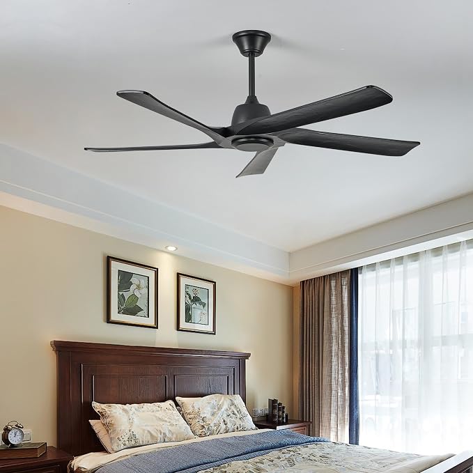 60" Solid Wood Ceiling Fan No Lights, Remote and APP Control, DC Motor, 6-speed Reversible, Ceiling Fans without Light for Bedroom, Living Room, Office, Black