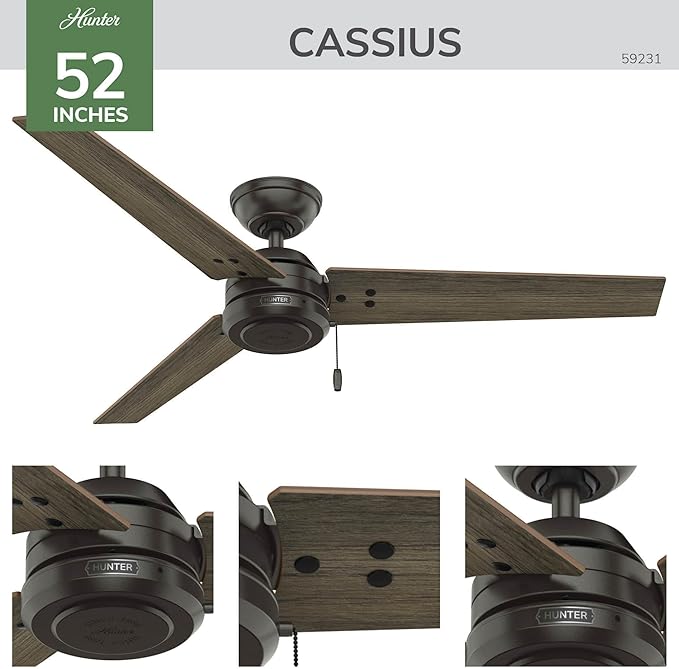 Hunter 52" Cassius Indoor/Outdoor Ceiling Fan, Pull Chain, Noble Bronze | Covered porches and living rooms get reversible blades, a no-light design, and streamlined industrial style with easy setup.
