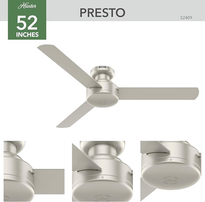 Hunter Presto, Indoor, Ceiling Fan, Wall Control, 52 inch, Matte Nickel | For Bedroom, Living Room, Kitchen, Home Office, 52409