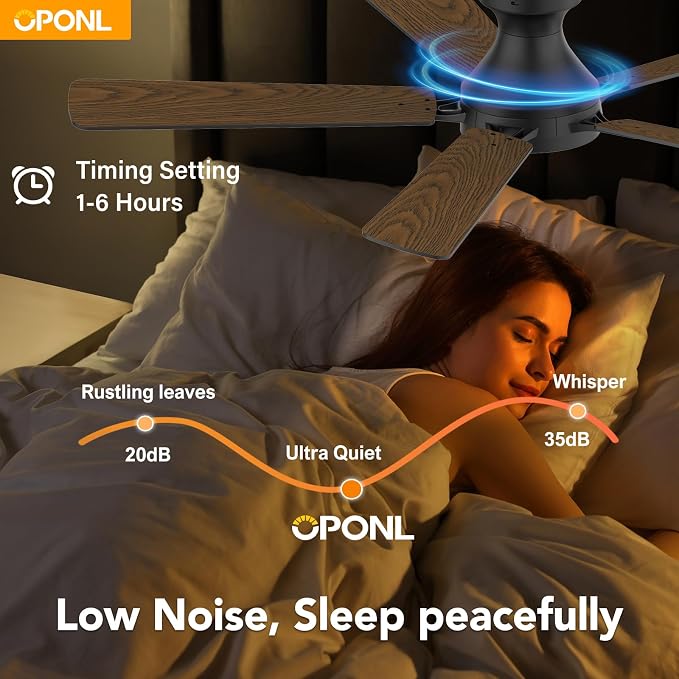 OPONL Ceiling Fan with Light, 52 inch Low Profile Ceiling fan with Light and Remote Control, Reversible, 6CCT, Dimmable, Noiseless, Black Ceiling Fan for Bedroom, Indoor/Outdoor Use, Modern