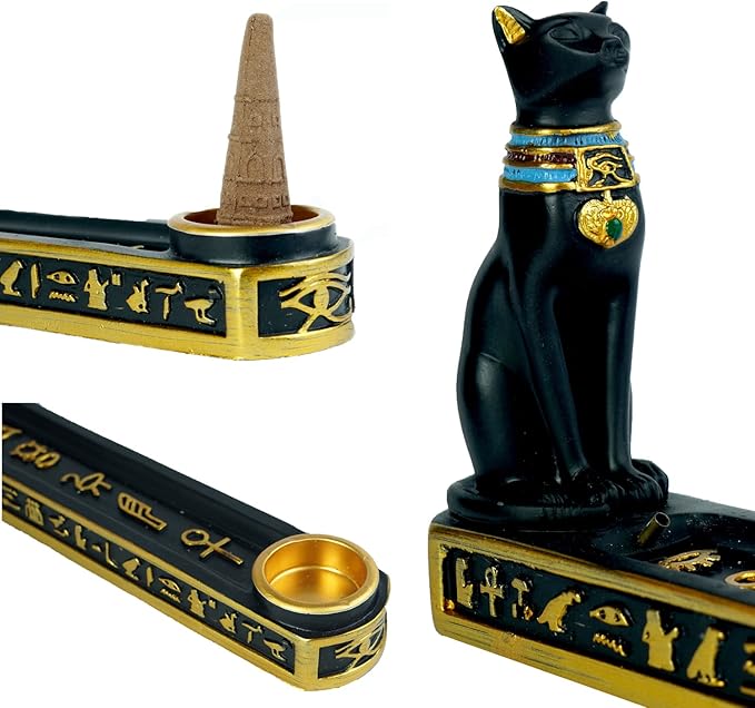 OwMell Egyptian Incense Holder for Sticks, Egyptian Cone Incense Burner with Ash Catcher, Incense Tray for Sticks 10" - Egyptian Cat