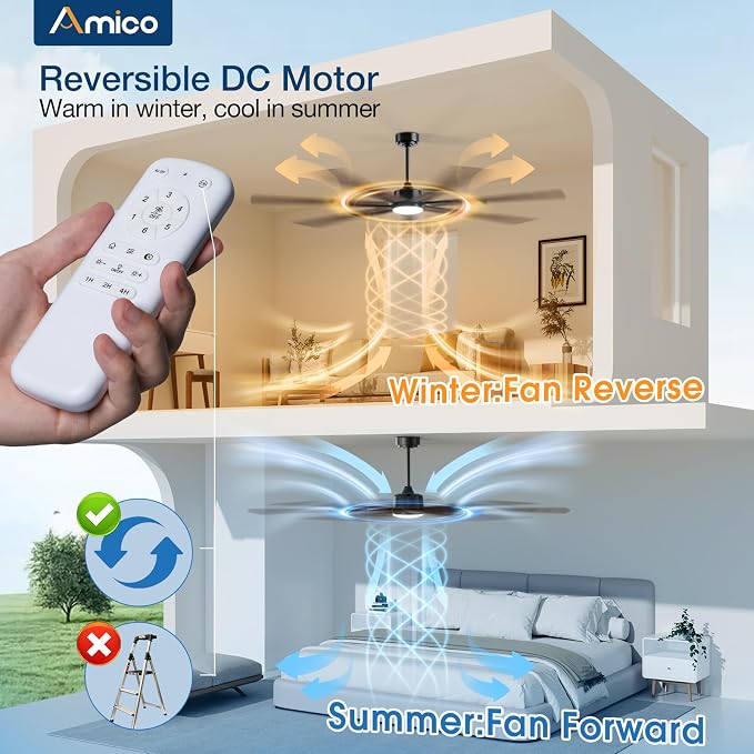 Amico Ceiling Fans with Lights,74 inch Walnut Ceiling fan with Light and Remote, 6 Speed Reversible DC Motor, 3CCT, Dimmable, Quiet, Timer, Outdoor Ceiling Fan for Patio, Living room, Indoor/Outdoor