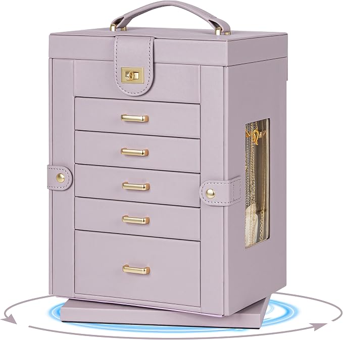 AKOZLIN 6-Tier Jewelry Box Organizer Functional 5 Drawers Leather Jewelry Storage Case for Women Girls Ring Necklace Earring Bracelet Holder Organizer with Mirror Purple 360° Rotating