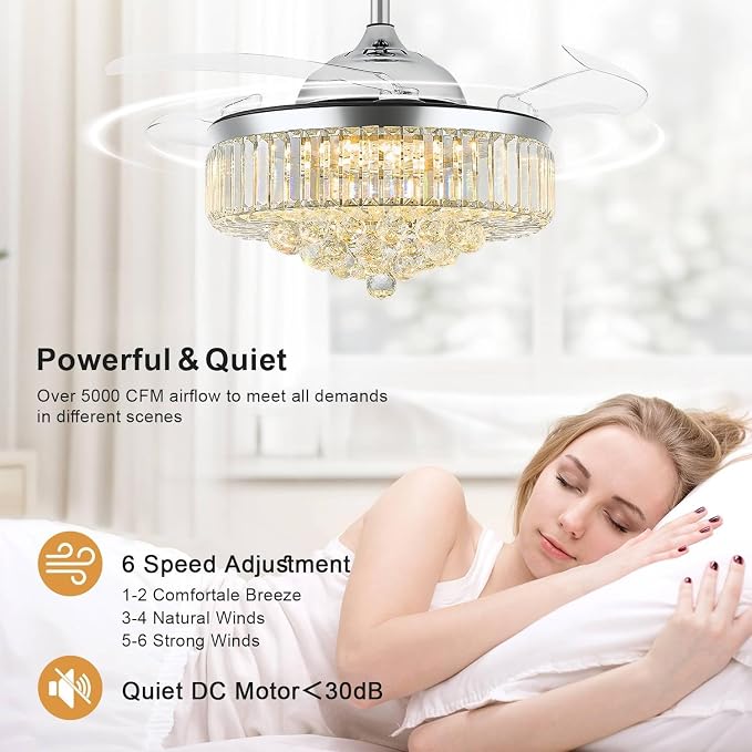 48 Inch Fandelier Ceiling Fans with Light, Chandelier Ceiling Fan, Retractable Ceiling Fan for Bedroom, Living Room, 3 Color Change, LED Dimmable, 6 Speeds, Reversible DC Motor- Chrome