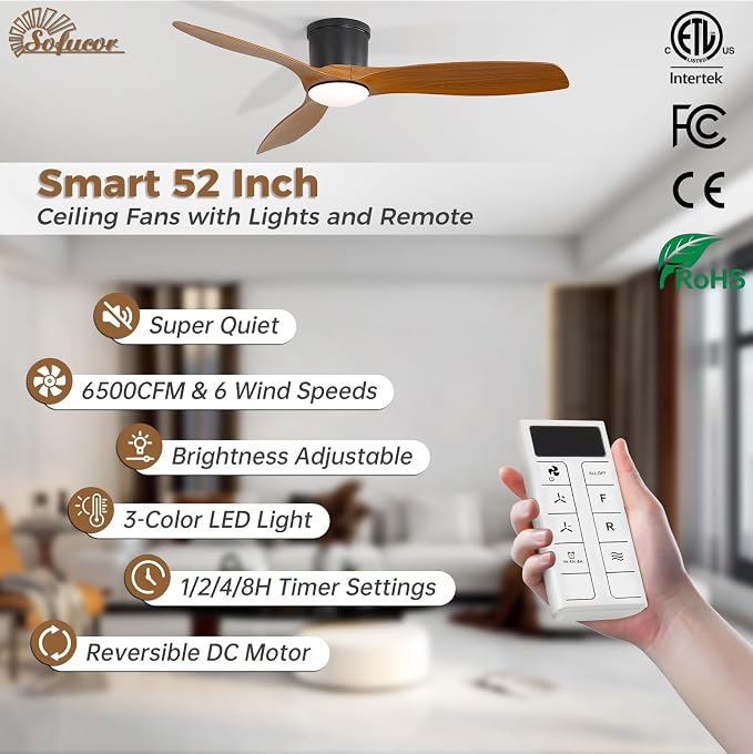Sofucor 52 Inch Smart Ceiling Fan with Lights, Modern Low Profile Flush Mount Ceiling Fan with 6500CFM, Compatible with Alexa/Google/App, 3 Plastic Blade, Dimmable Timer Reversible DC Motor, ETL, ABS