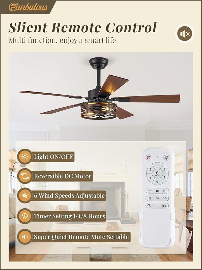 Fanbulous Farmhouse Ceiling Fans with Light, 48 Inch Bedroom Ceiling Fan with Lights, 6-Speed Adjustable, Quiet and Reversible DC Motor, Dual Finish 5 Blades, Rustic Caged Ceiling Fan for Living Room