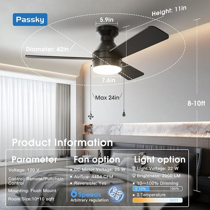 Passky Ceiling Fans with Lights, 42 inch Low Profile Ceiling Fan with Pull Chain and Remote Control, Flush Mount, Reversible, 5CCT, Dimmable, Noiseless, Black Pull Cord Ceiling Fan for Bedroom