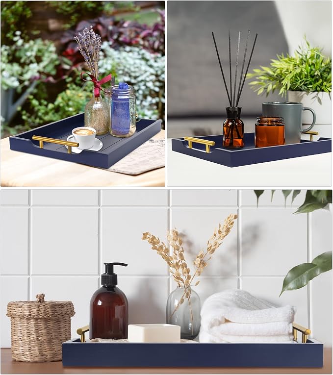 SXNOWS Wooden Serving Tray with 2 Sets of Handles,Navy Blue | Rectangle 16.5x13 Inch Ottoman Decorative Tray for Coffee Table Kitchen Bar Living Room Breakfast in Bed, 4 Coasters Included