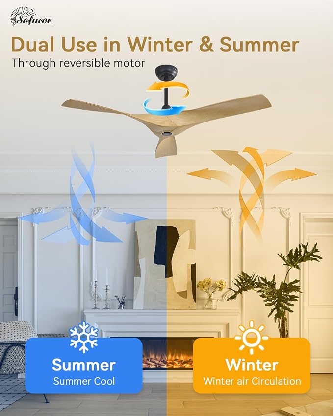 Sofucor 52 Inch Ceiling Fans No Lights, Modern Ceiling Fan with 3 Plastic Blades, 4500CFM 6-Speed 3-Timer Reversible DC Motor, for Bedroom Living Room Patios Office, ETL/FCC