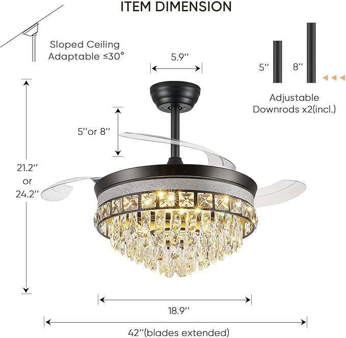42 Inch Fandelier Ceiling Fan with Light, Chandelier Ceiling Fans with Lights, Crystal Ceiling Fans for Bedroom Living Room, LED Dimmable, 6 Wind Speed,3 Color Temperatures-Black