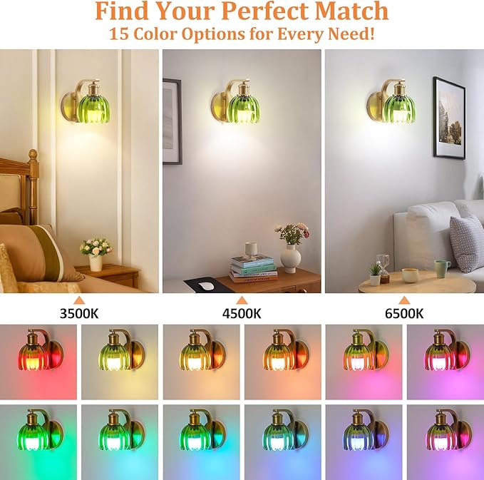 Rechargeable Battery Operated Wall Sconce Set of Two with Green Glass Lampshade, Wireless Battery Powered Wall Lamp with Remote Control, 15 Colors Gold Wall Light for Bedside Hallway Bedroom Doorway