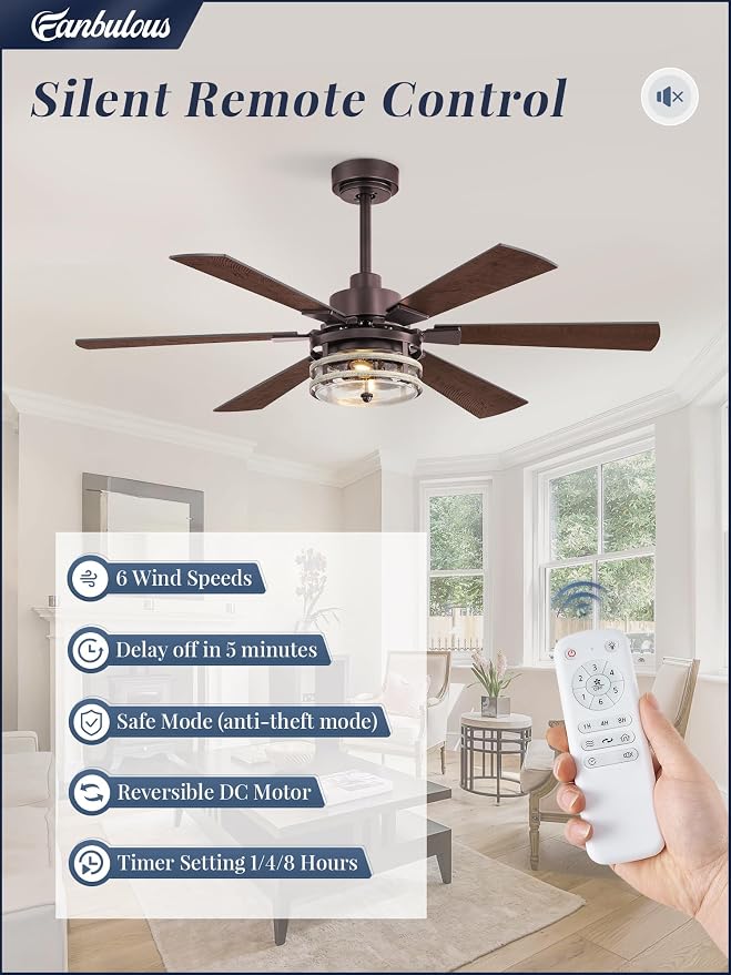 Fanbulous 48 Inch Farmhouse Ceiling Fan with Light & Remote,Oil Bronze | Powerful 6-speed reversible DC motor, Industrial 6 dual-finish blades. Ideal for living room, bedroom, patio, garage.
