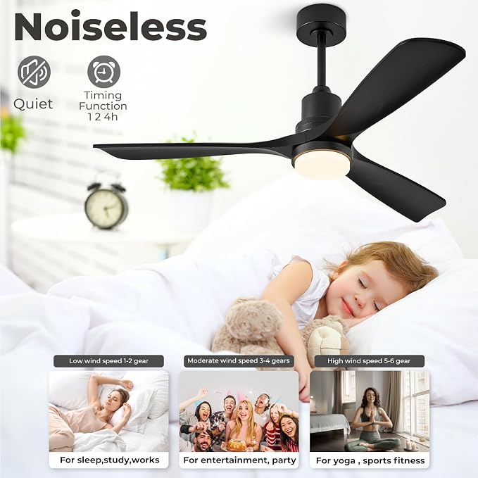 60 inch Smart Ceiling Fan with Lights,Outdoor Ceiling Fan 3 Wood Blades Compatible with Alexa/Gg Voice Control&App&Remote,Quiet DC Motor for Covered Patio Porch Bedroom,Black