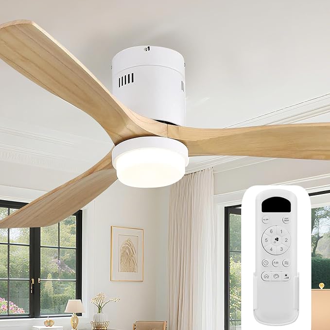 Sofucor Ceiling Fans with Lights-52 Inch Flush Mount Ceiling Fan with Light and Remote Control, Low Profile Wood Blades Modern Outdoor Ceiling Fans for Bedroom/Living Room/Patio/Indoor, Quiet DC Motor